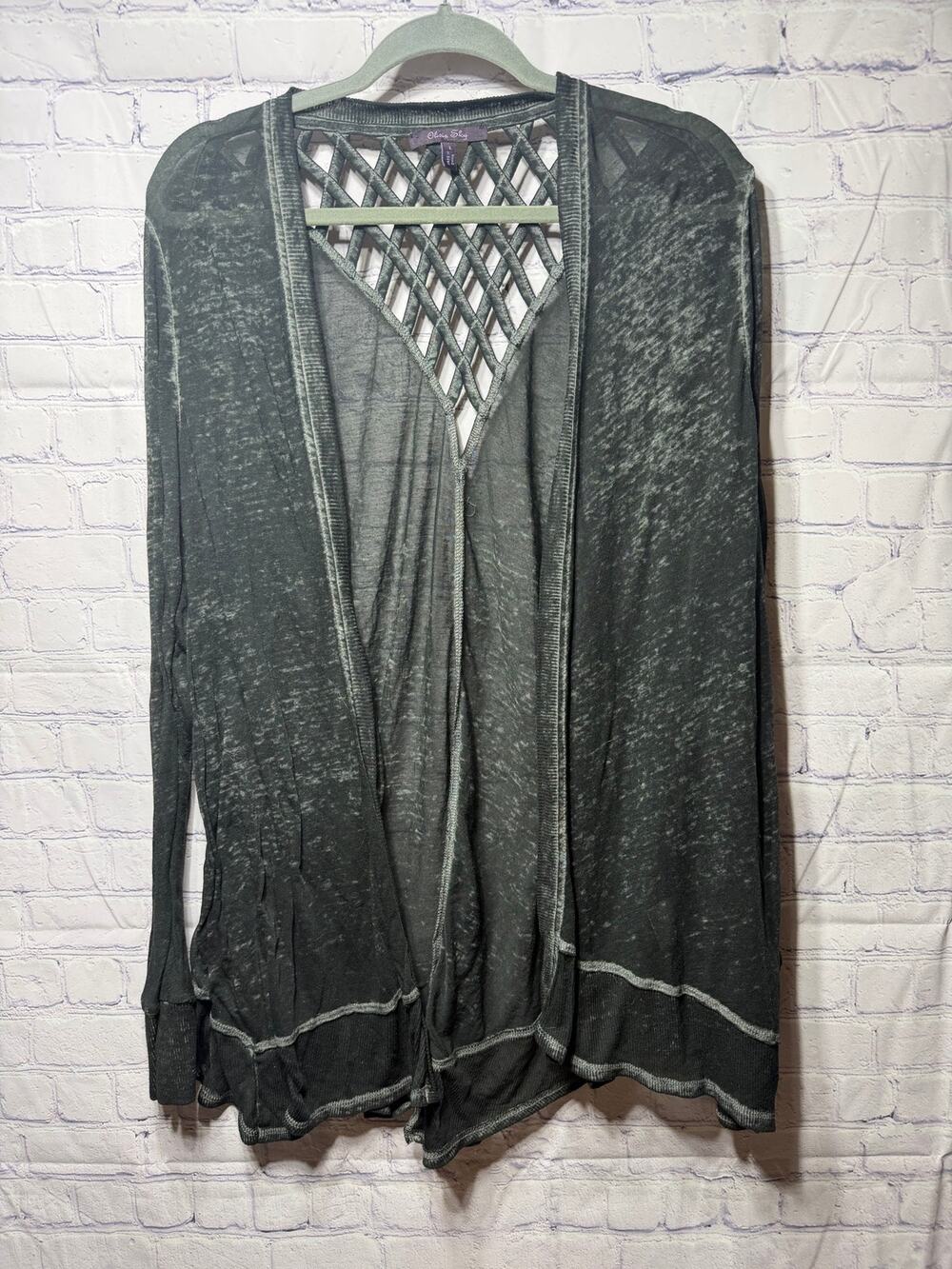 Velvet Burnout Sheer Dark Cardigan Cut Out Back Green Gray Sz L Whimsigoth